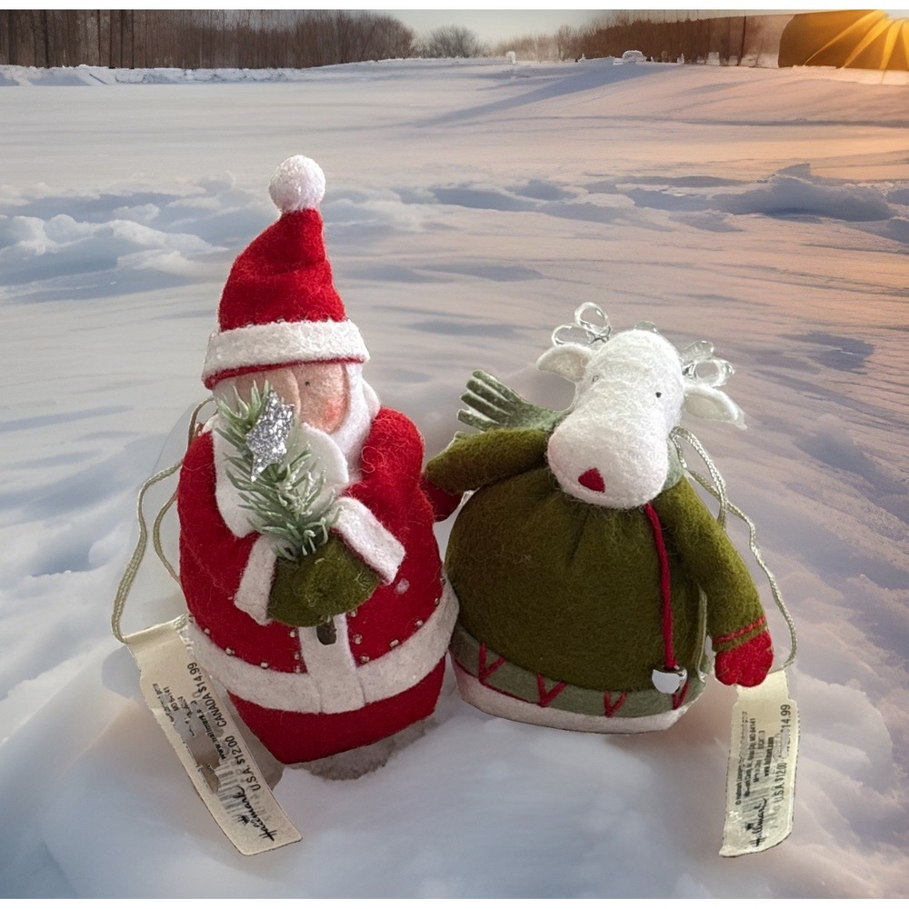 Hallmark Christmas 1980's Vintage Cloth Felt Ornament Santa & Deer ~ RARE